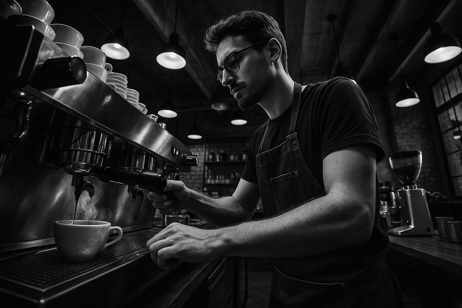 barista working black and white wide angle looking up